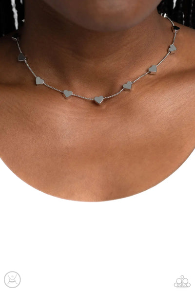 Public Display of Affection - Silver Heart Choker Necklace - Paparazzi (PZ-3661)