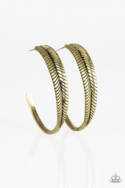 Paparazzi Hoop Earrings - Funky Feathers - Brass (#2121)