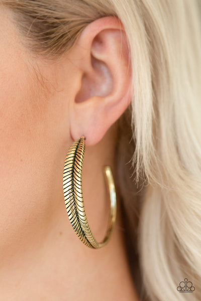 Paparazzi Hoop Earrings - Funky Feathers - Brass (#2121)