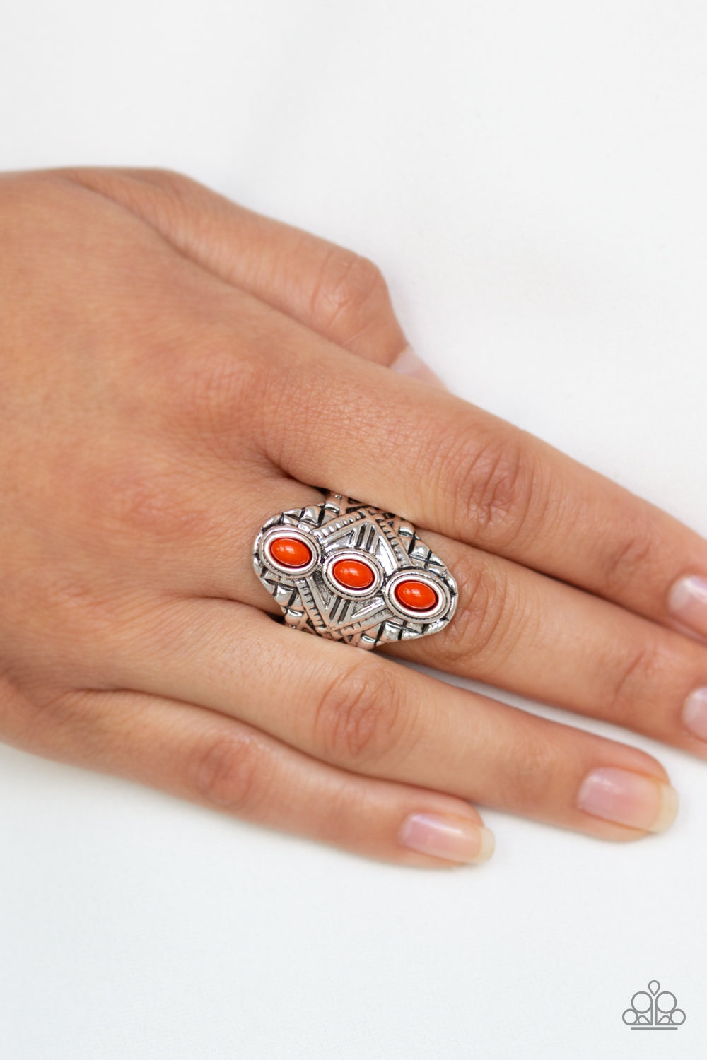 Paparazzi Wide Flex Back Ring - Mayan Motif - Orange (R233)