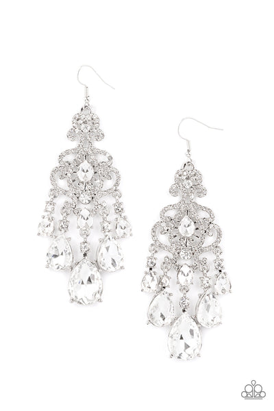 Queen Of All Things Sparkly - White Paparazzi Earrings EMP2021 Exclusive