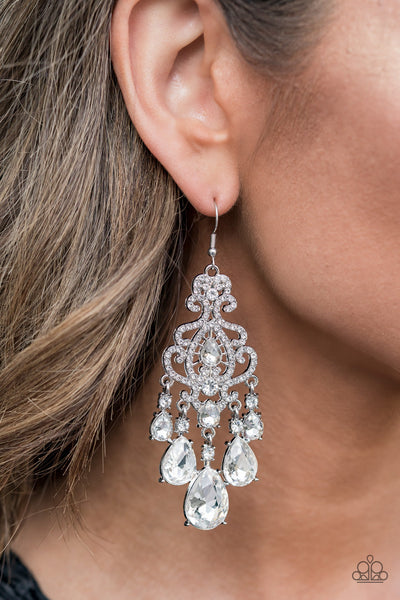 Queen Of All Things Sparkly - White Paparazzi Earrings EMP2021 Exclusive