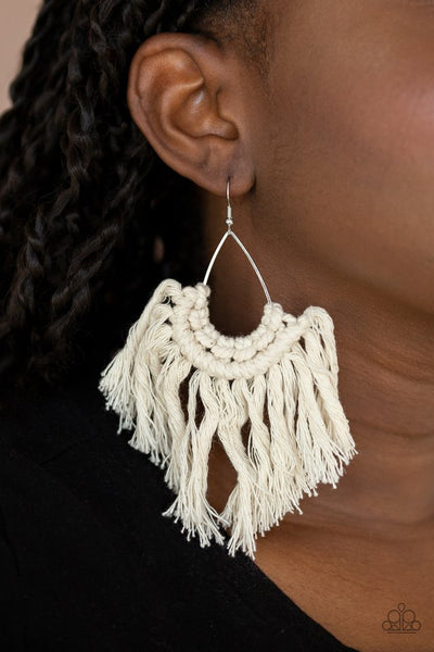 Wanna Piece Of MACRAME? - White Paparazzi Earrings (PZ-2582)