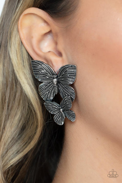 Blushing Butterflies - Silver Paparazzi Earring