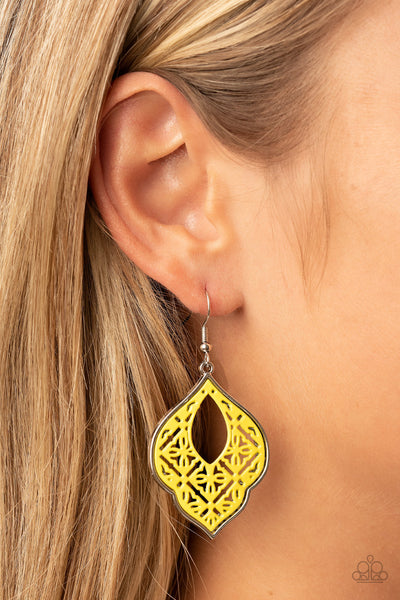 Thessaly Terrace - Yellow Paparazzi Earring (#5367)