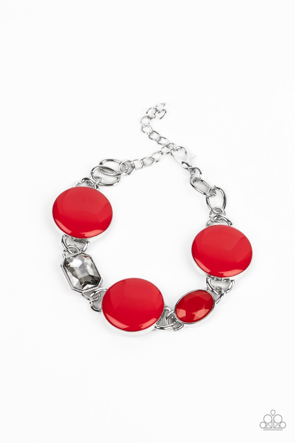 A red paparazzi bracelet with oversized red beads and silver frames, attached to a silver chain.