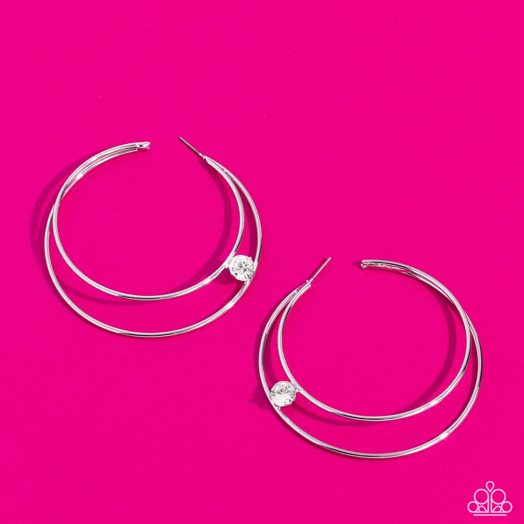 Theater Hoop White Paparazzi Life of the Party Earring May 2023 (LOP49)