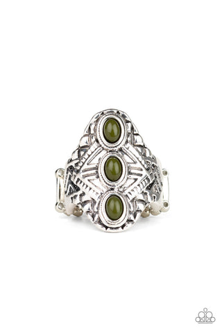 Paparazzi Thick Flex Back Ring - Mayan Motif - Green