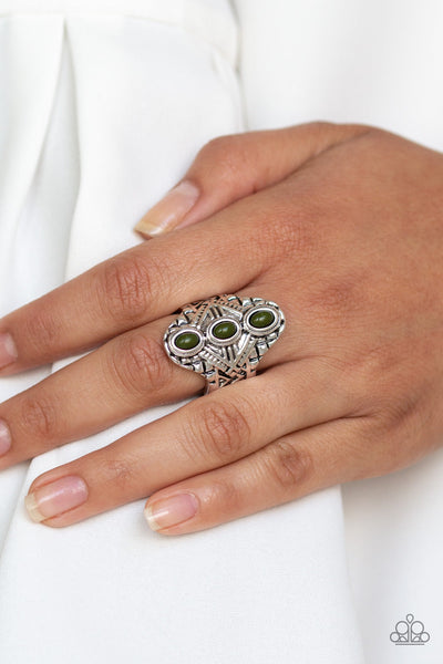 Paparazzi Thick Flex Back Ring - Mayan Motif - Green