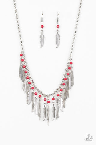 Feathered Ferocity - Red Paparazzi Necklace (PZ-556)